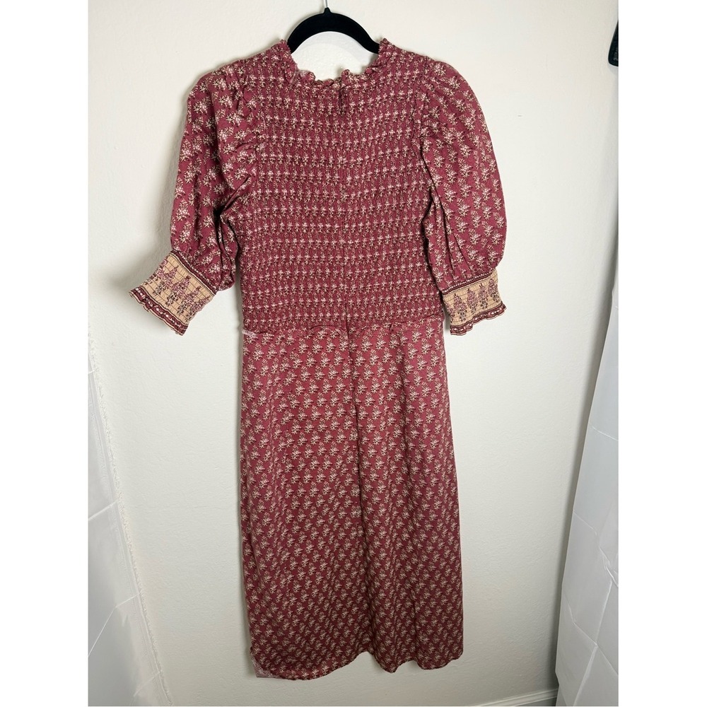 Sea NY Beaux Ruffled Shirred Floral Cotton Midi Dress Burgundy Size 8 - Picture 2 of 6